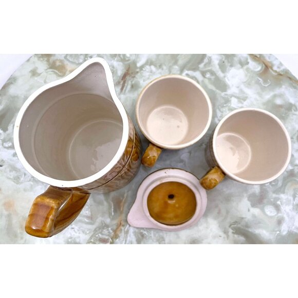 Vintage 60s coffee set, coffee pot & 2 cups, faux wood grain, Royal Sealy Japan - Picture 6 of 7
